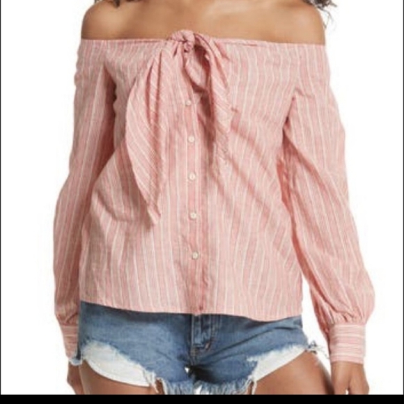 Free People Hello There Off the Shoulder Button From Long Sleeve Stripe Bow S - Picture 9 of 9